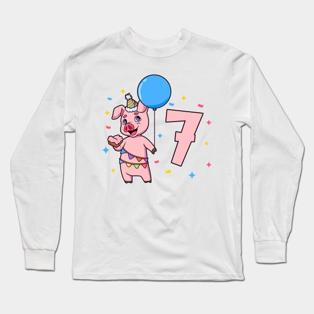 I am 7 with pig - kids birthday 7 years old Long Sleeve T-Shirt by Modern Medieval Design